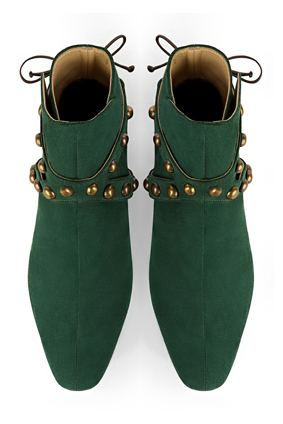 Forest green women's ankle boots with laces at the back. Round toe. Low flare heels. Top view - Florence KOOIJMAN